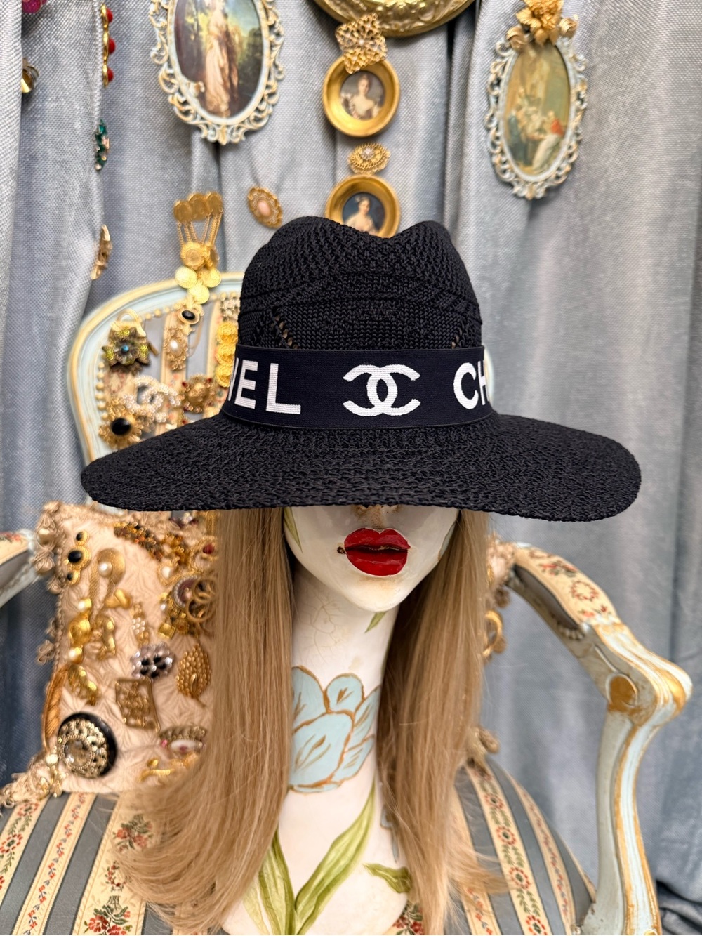 Black Raffia Wide-Brim Straw Hat with Logo Band